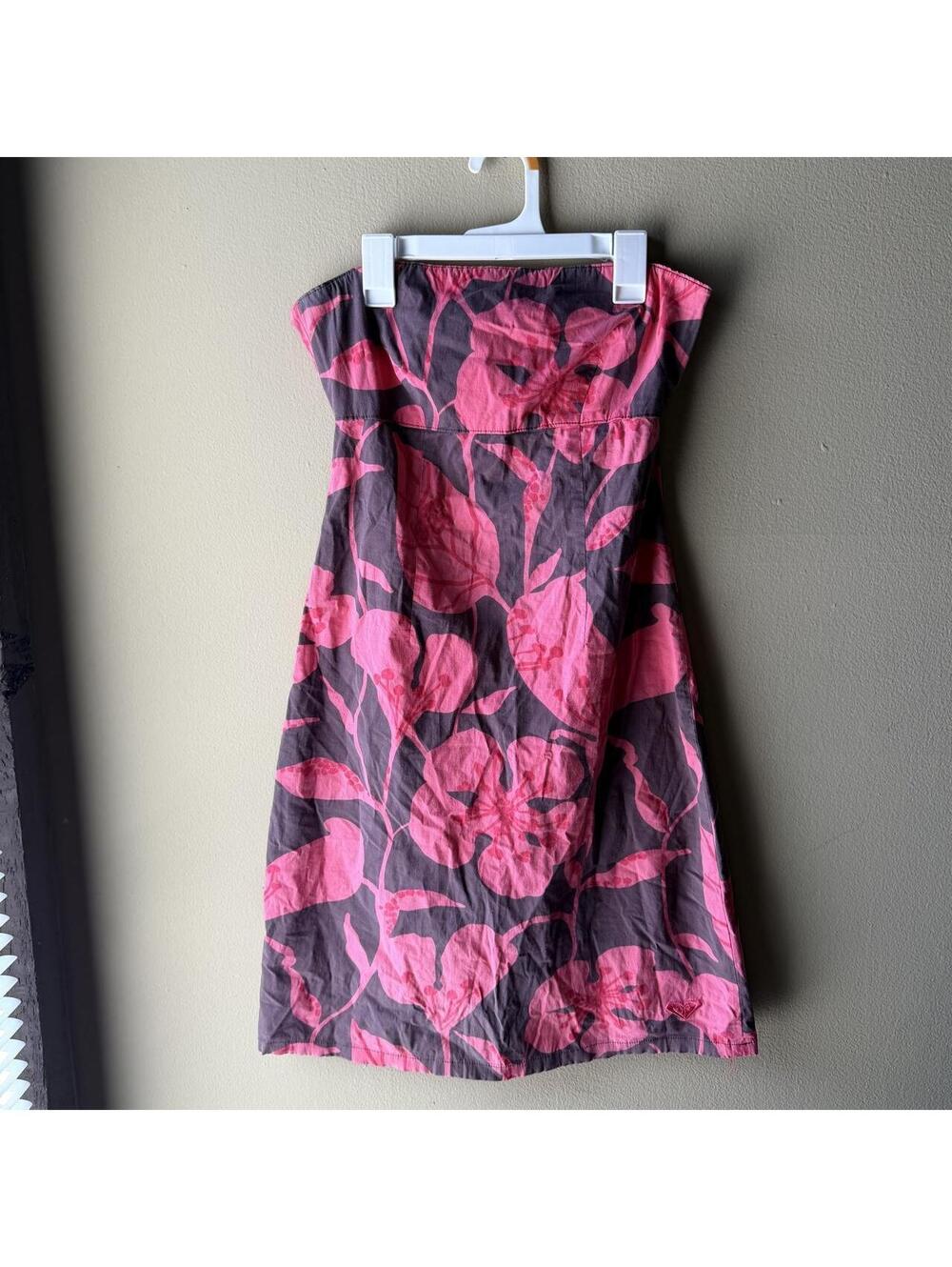 Vintage 2005 Roxy Plumeria Nights Pink Floral Strapless Midi Dress Size 3 🌺